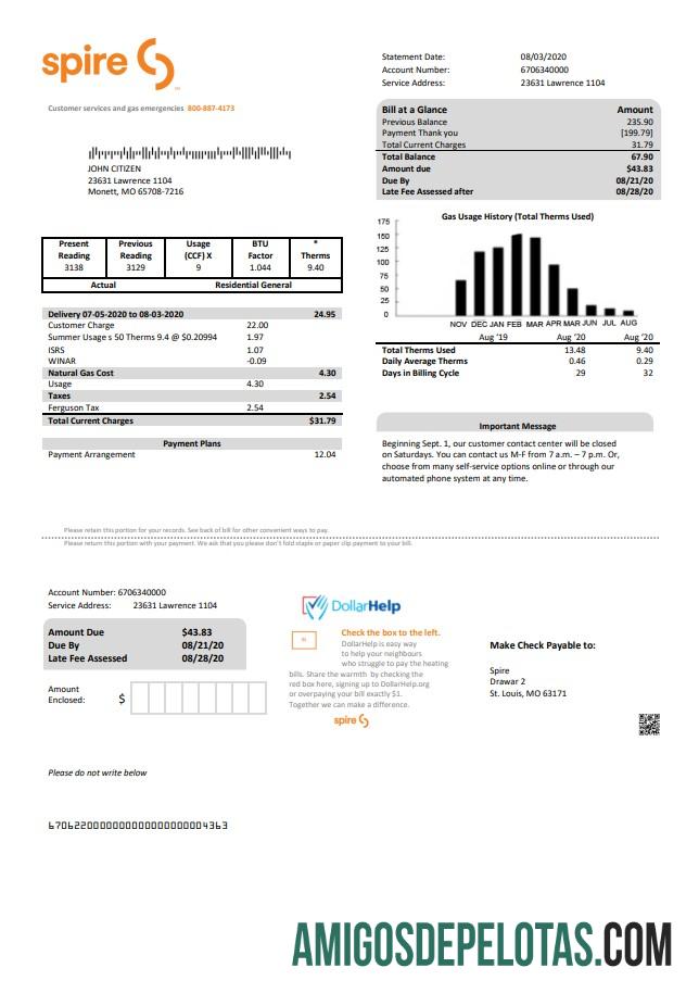 Para baixar modelo de conta de serviços públicos Spire Gas dos EUA em formato Word e PDF
